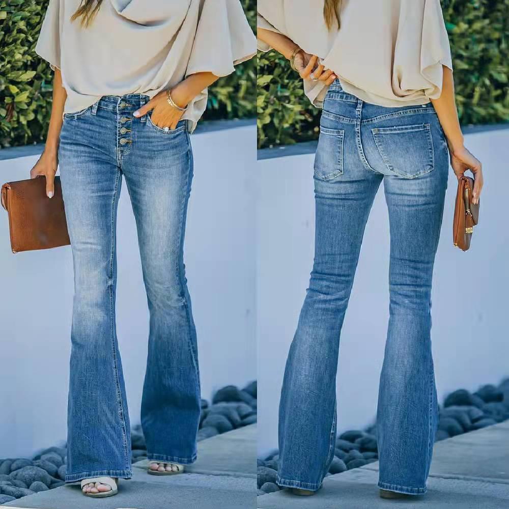 High Waist Designer Stretch Jeans – Trendy Flared Denim for Cowgirls