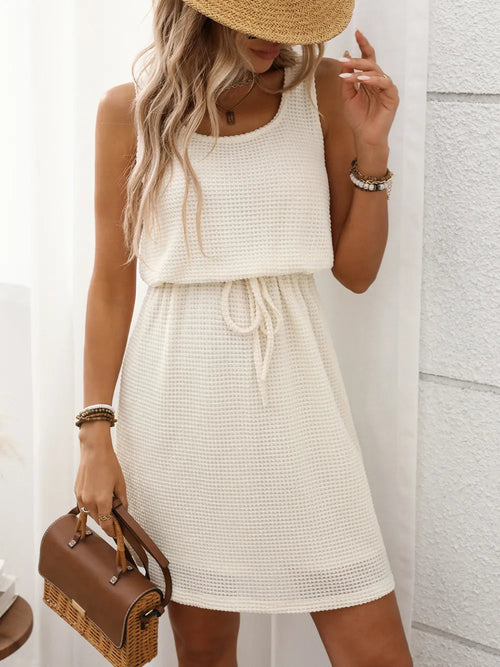 Breezy Waffle-Knit Drawstring Mini Tank Dress
